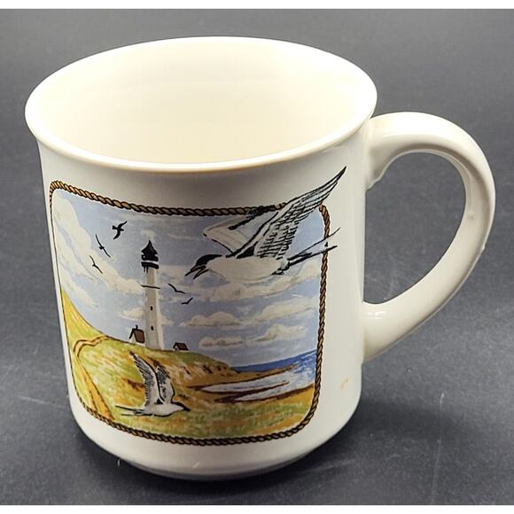 Vintage Mug White with Seaside Scene Lighthouse Seagulls 12 Ounce Capacity - Picture 1 of 7